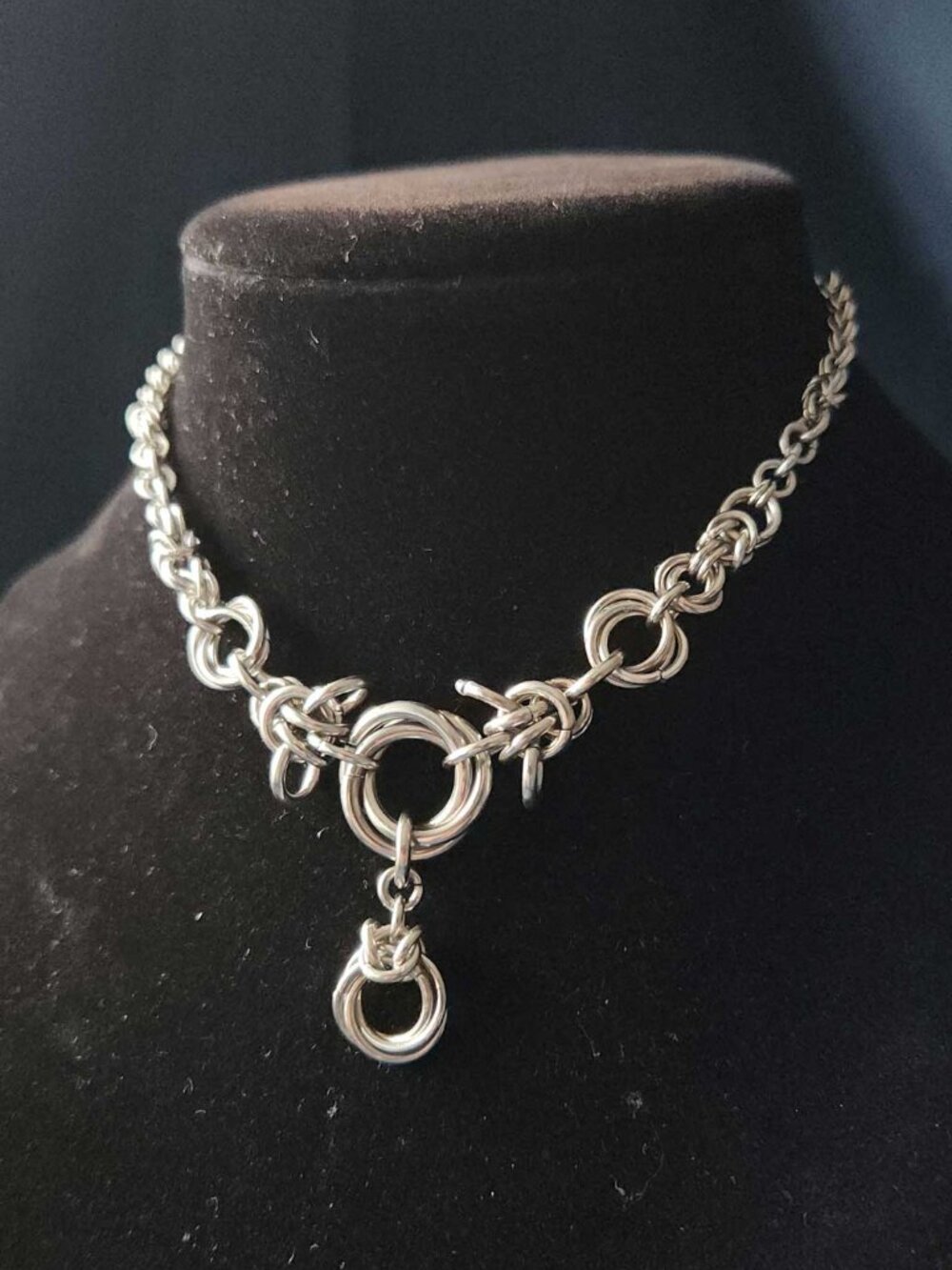 Gothic silver chainmail necklace with a small silver chain